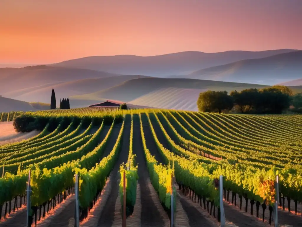 Imagen: Memoria climática en vinos contemporáneos, viñedo al atardecer con viñedos verdes y enólogo