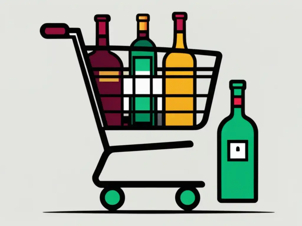 Imagen de compra de vinos online segura con carrito de compras, botellas de vino y símbolos de candado