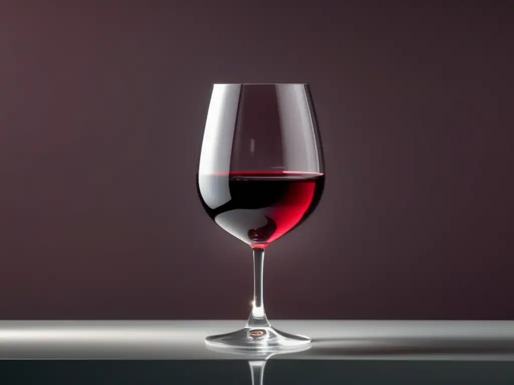 Imagen 8k de una copa de vino tinto sobre fondo minimalista, destacando el color y reflejo, resaltando elegancia y sofisticación