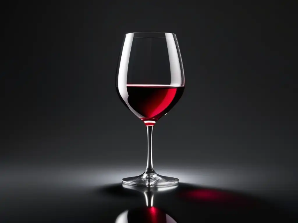 Imagen 8k de copa minimalista con vino rojo intenso en superficie negra brillante