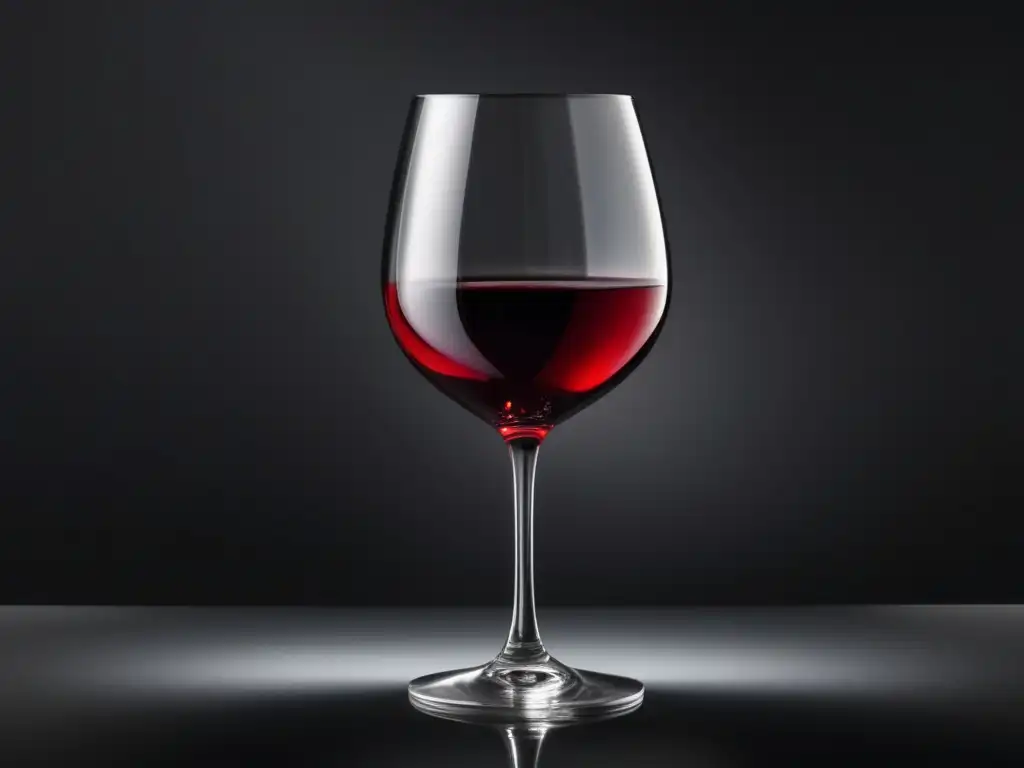 Imagen 8k de una copa de vino minimalista, reflejando la luz y con sutiles vapores de vino rojo