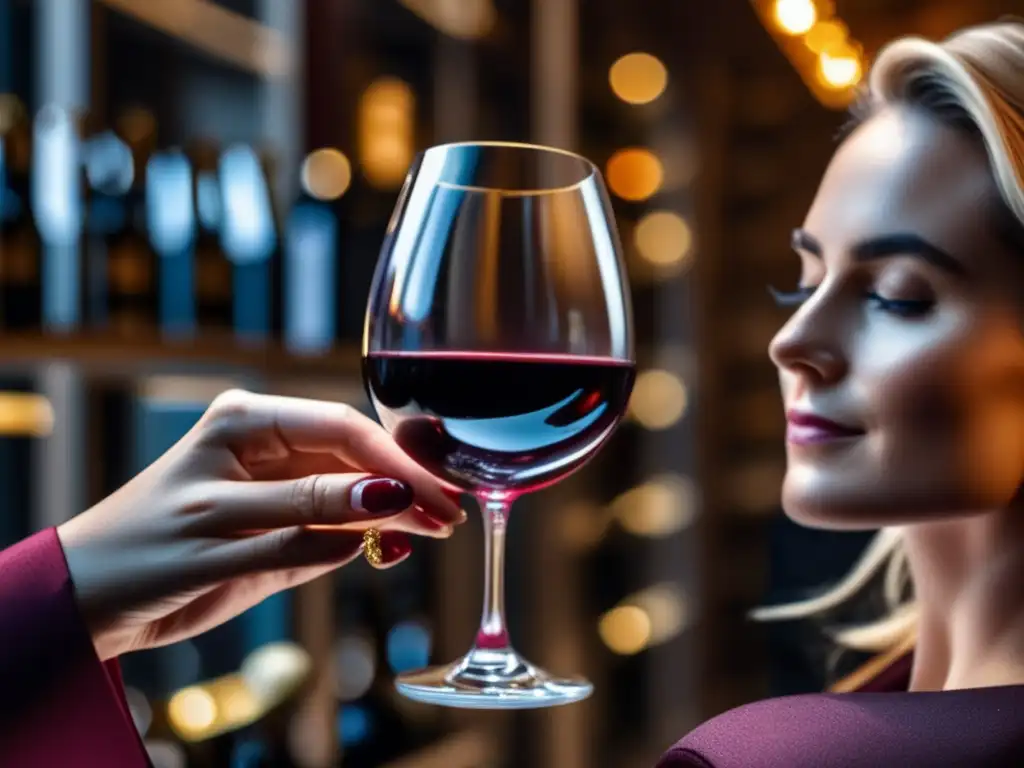 Imagen de una copa de vino rojo en manos de una sommelier mujer, con detalles exquisitos