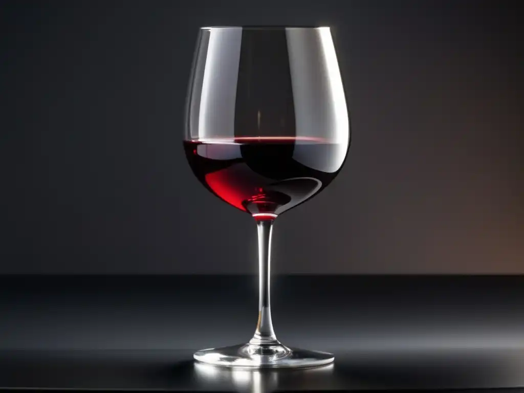 Imagen detallada vaso vino tinto sobre superficie negra, iluminación suave resalta color rico