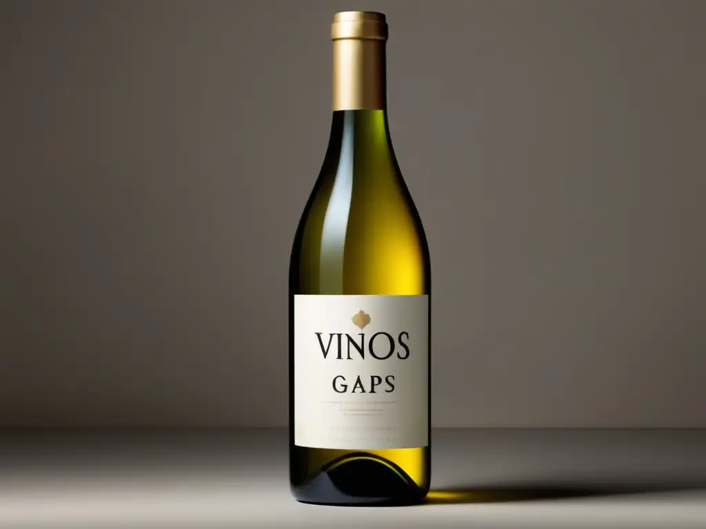 Imagen de una elegante botella de vino minimalista con etiqueta 'Vinos GAPS', color dorado claro, con símbolo orgánico sutil