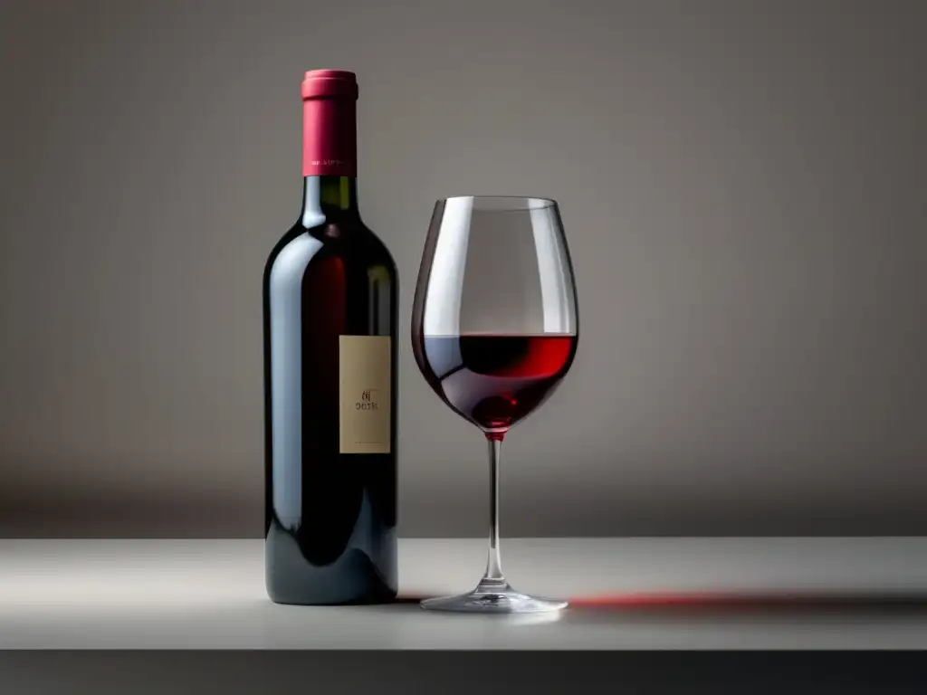 Paradoja calidad precio vino: Imagen elegante de una botella de vino minimalista y copa en un fondo blanco