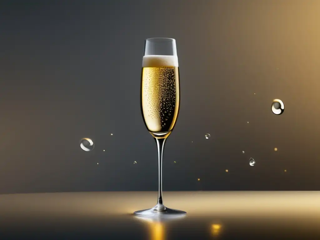 Imagen elegante de una copa de champagne con burbujas doradas y fondo degradado