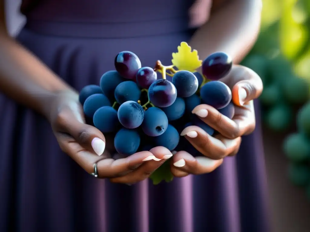 Una imagen que destaca las manos de una mujer sosteniendo un racimo de uvas maduras