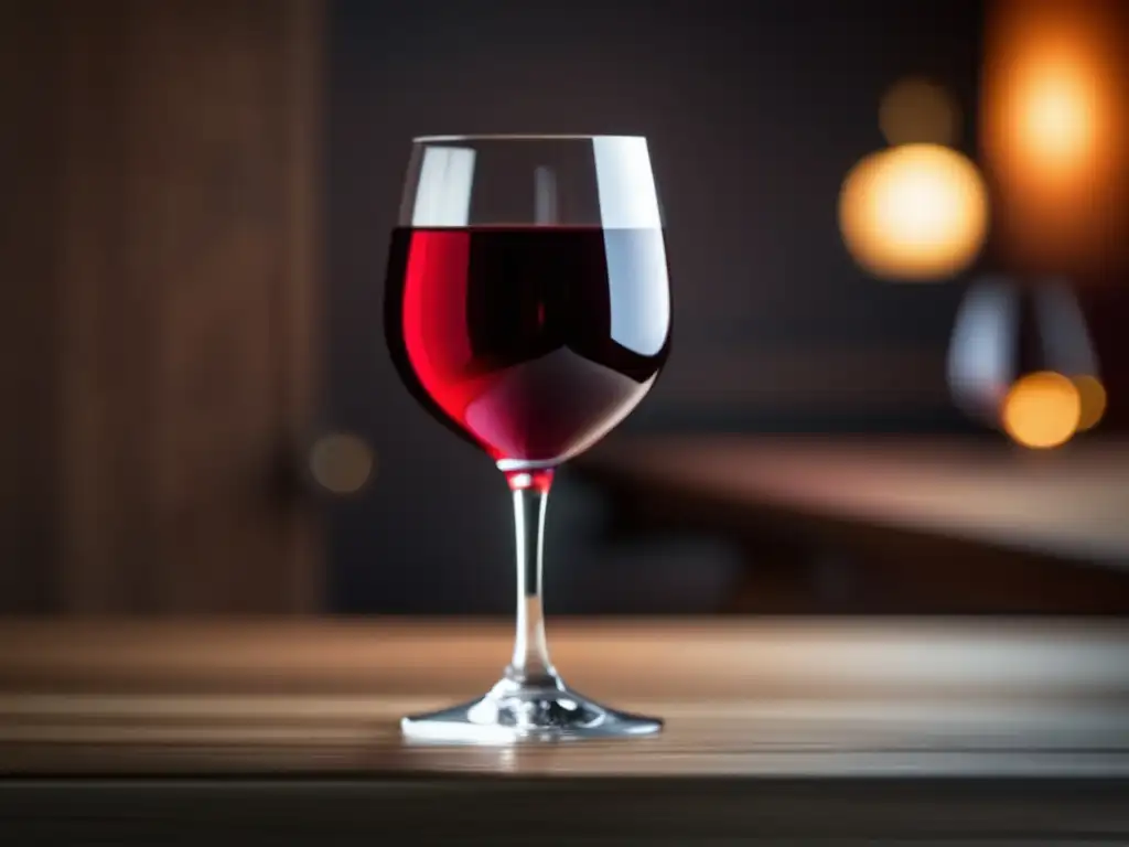 Imagen: Copa de vino tinto en mesa de madera, iluminada y mostrando detalles elegantes