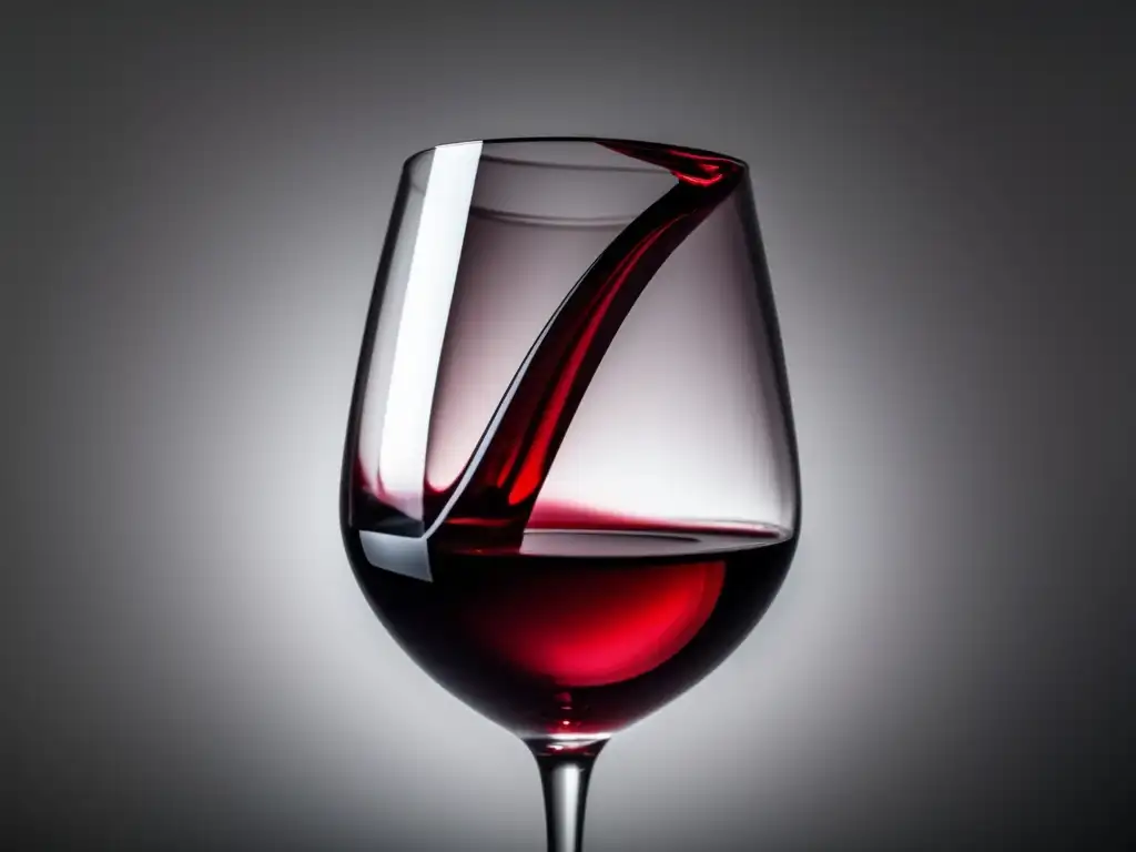 Una imagen minimalista de una copa de vino tinto, con claridad y variaciones de color, iluminada suavemente en una superficie blanca