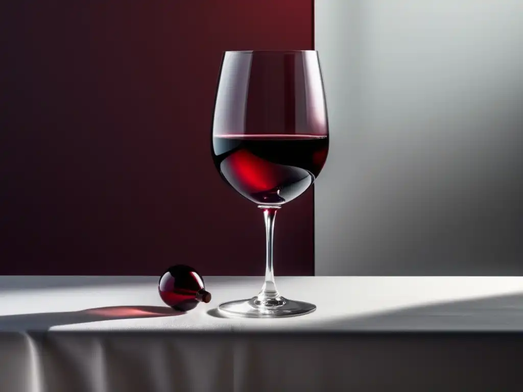 Imagen minimalista: vino tinto en copa sobre mantel blanco