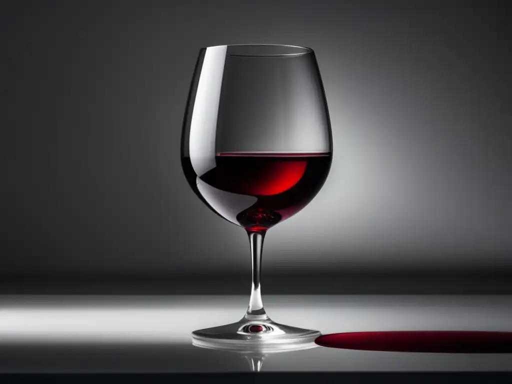 Una imagen minimalista de una copa de vino llena de líquido rojo intenso, sobre una superficie blanca y elegante