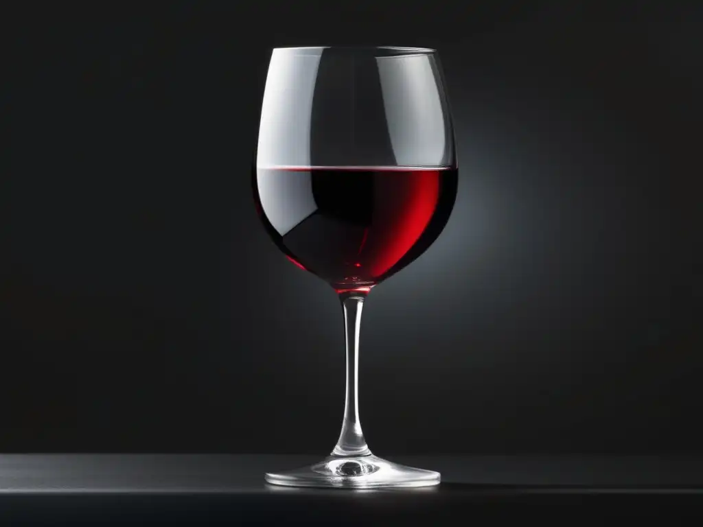 Una imagen minimalista de una copa de vino llena de un vino rojo profundo, reflejando la luz ambiental y resaltando su elegancia