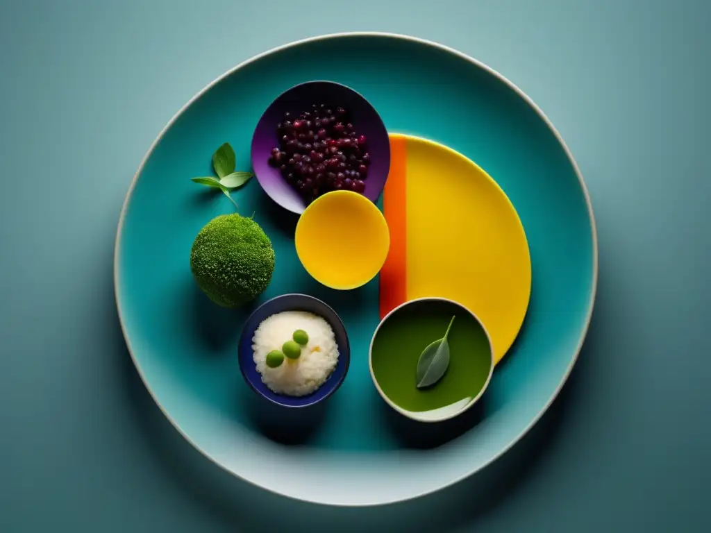 Maridajes innovadores y cursos vanguardistas Una imagen minimalista de un plato con maridajes innovadores y cursos vanguardistas, destacando colores y texturas vibrantes