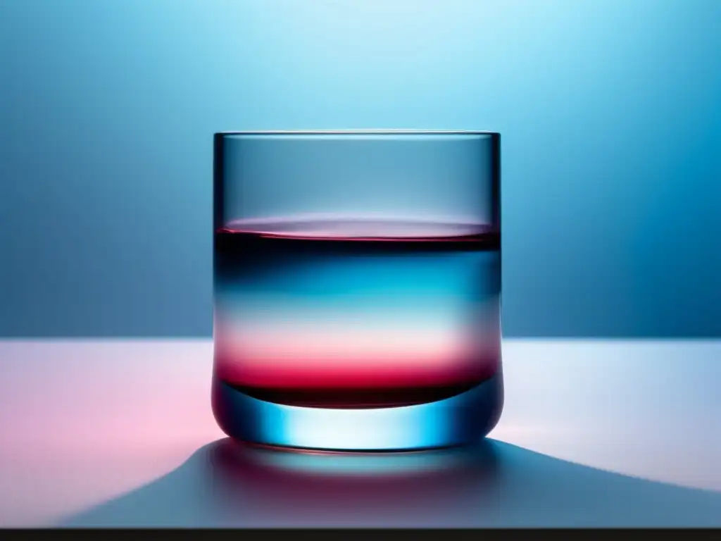 Una imagen minimalista de un vaso de cristal lleno de un líquido vibrante y color rubí, en una superficie blanca