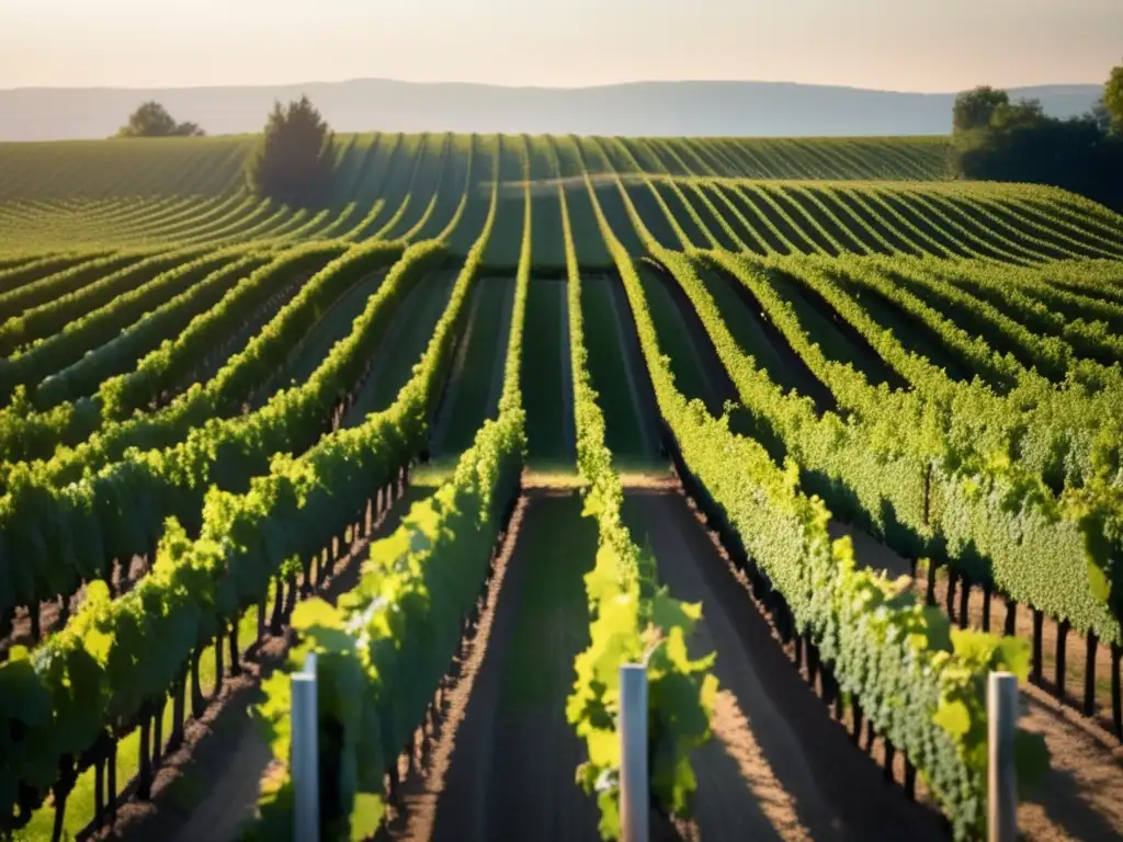 Innovación en viticultura en Canadá: imagen minimalista de un viñedo perfectamente alineado con colores armónicos