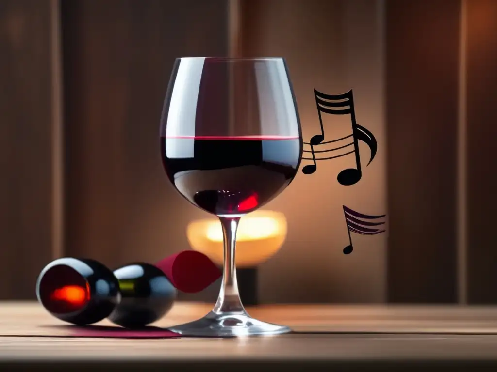 Imagen minimalista: copa de vino rojo en mesa de madera rodeada de notas musicales