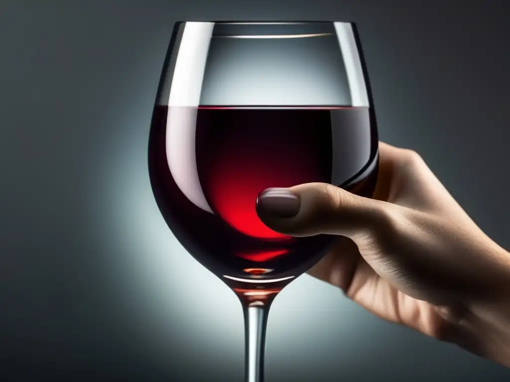 Imagen minimalista: copa de vino rojo, mano elegante, fondo sólido