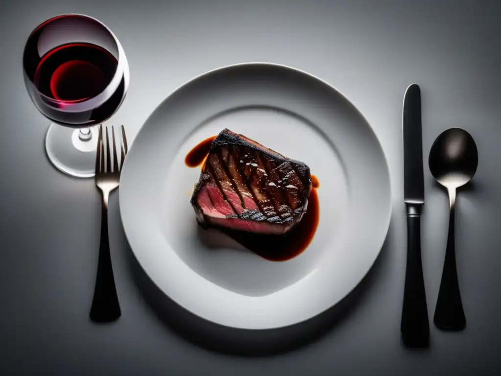 Plato blanco con bistec jugoso y vino tinto Una imagen de un plato blanco con un bistec medio crudo y un vaso de vino tinto, resaltando el maridaje vinos y carnes: clases especializadas