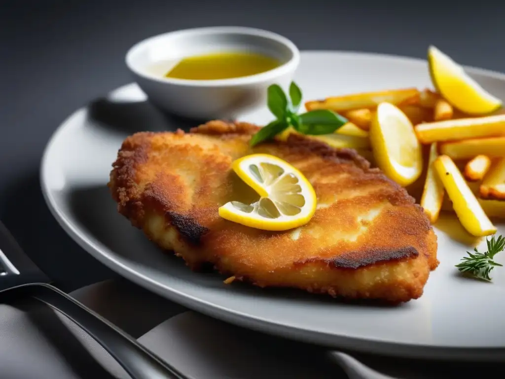 Imagen de un plato de schnitzel acompañado de Riesling alemán, con papas fritas y limones, elegante y apetitoso