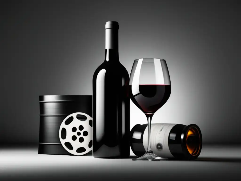 Imagen: Silueta minimalista de una botella de vino y una bobina de cine, simbolizando la conexión entre vino y cine