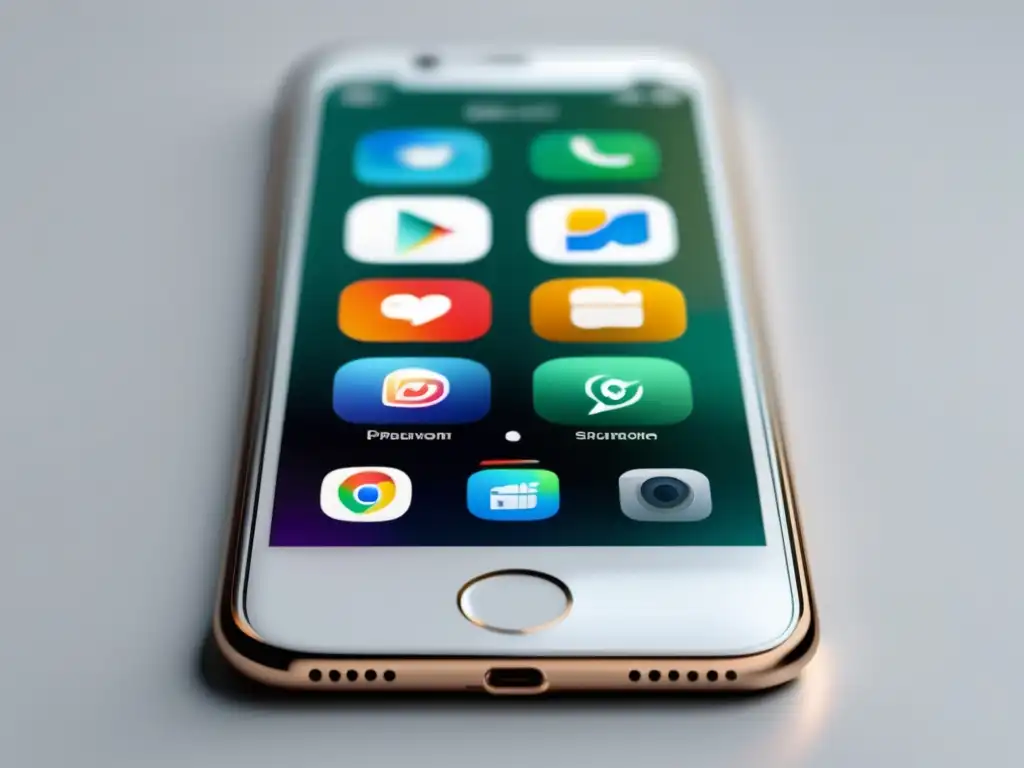 Imagen de un smartphone moderno en superficie blanca, con 3 app icons y fondo degradado