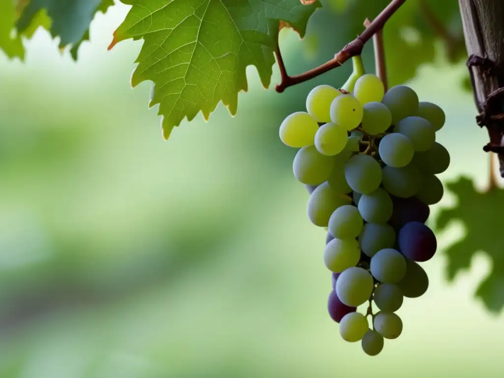 Imagen de vid con hojas verdes, racimos de uvas maduras y detalles intrincados