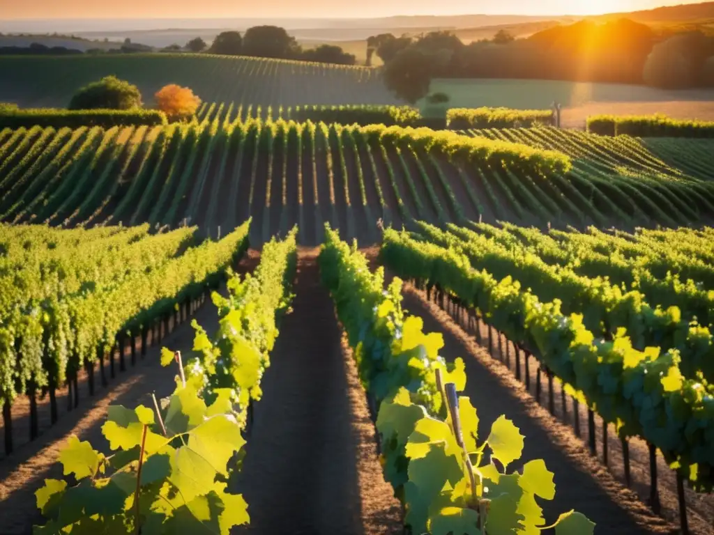 Imagen de una viña al atardecer, con filas de viñedos que se extienden hasta el horizonte