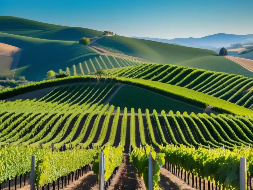 Imagen: Viñedo simétrico y abundante en un paisaje minimalista, reflejando el impacto del cambio climático en la industria vinícola