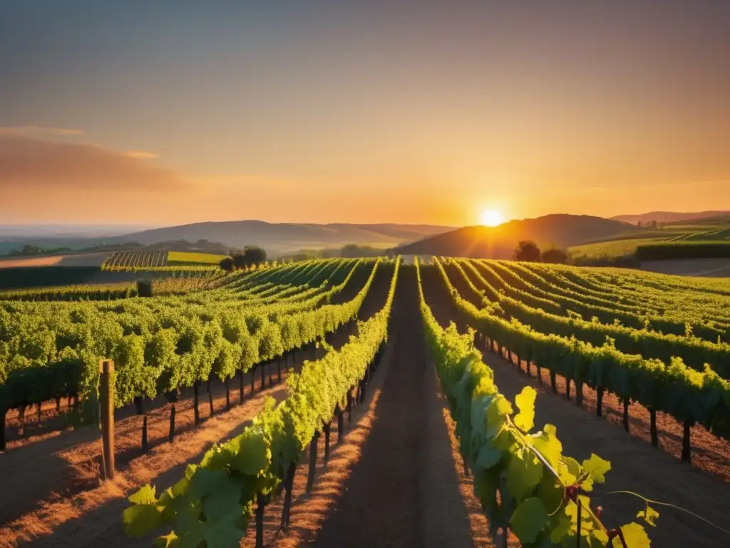 Imagen de viñedo al atardecer, simbolizando la armonía entre vinos veganos y cambio climático