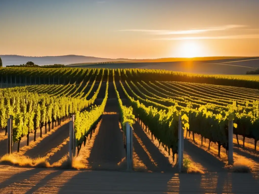 Tranquilidad dorada en viñedo al atardecer Imagen de viñedo al atardecer, resalta la importancia del terroir en vinos