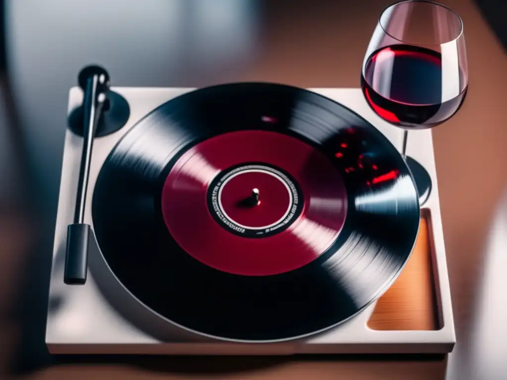 Imagen: Vinilo minimalista y copa de vino en movimiento - Vinos y música jazz