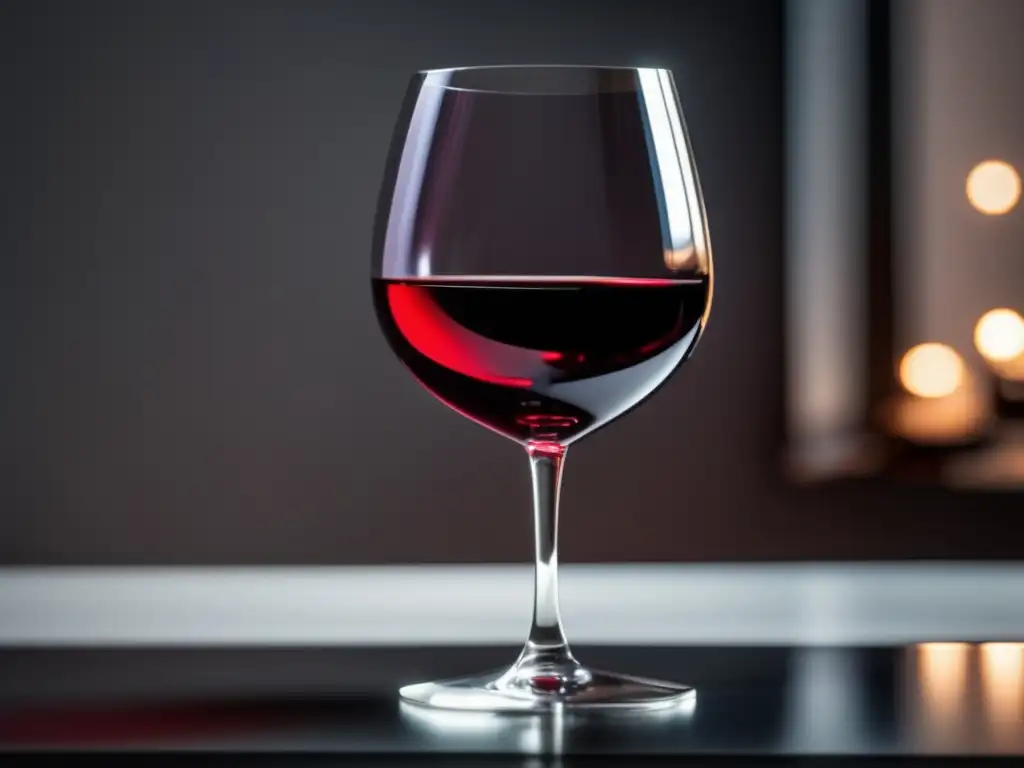 Imagen de vino y Dieta DASH: Vino tinto en copa transparente con reflejo, evocando elegancia y salud