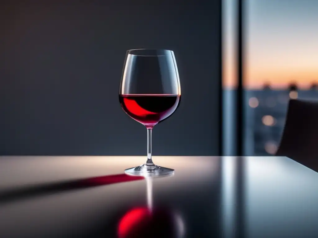 Imagen de copa de vino 8k con líquido rojo intenso en mesa minimalista - Reto vinos laboratorio paladar experto