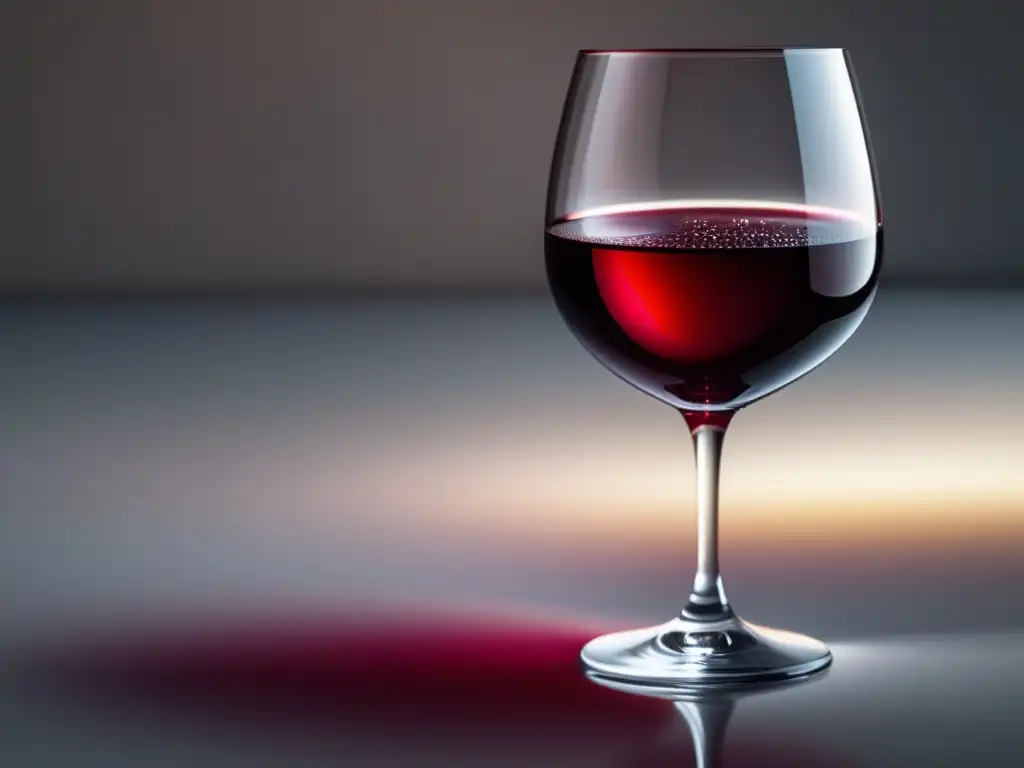 Una imagen de copa de vino llena de vino rojo rubí en superficie blanca