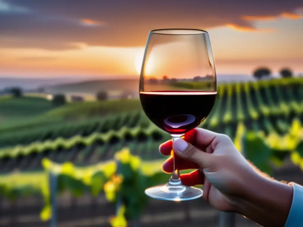 Imagen de copa de vino en viñedo al atardecer: Psicología del vino: Sommeliers y consumidores