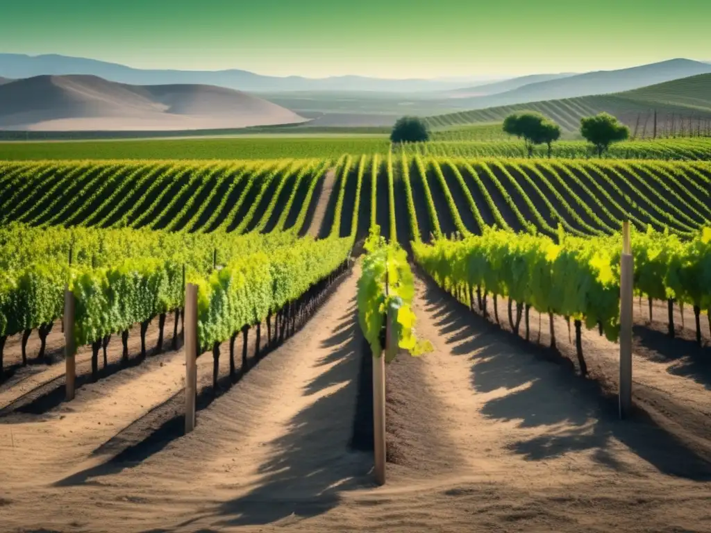 Impacto calentamiento global en viñedos: paisaje de viñedo con filas de uvas verdes contrastando con suelo seco, simbolizando cambio climático