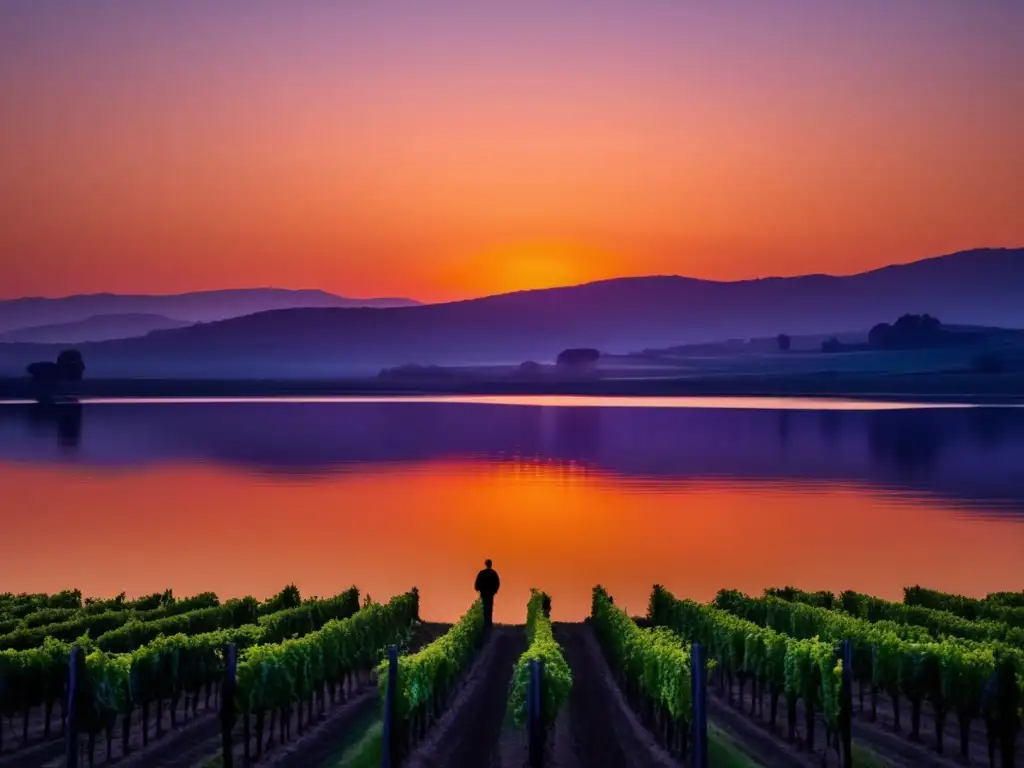 Impacto cambio climático cosechas uva: Viñedo al atardecer, viticultor cuidando vides, colores serenos y simbolismo resiliente