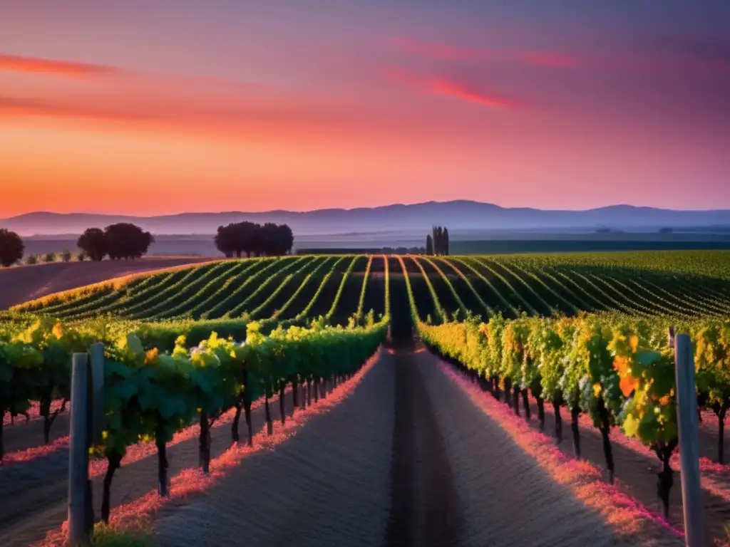 Impacto cambio climático cosechas uva en viñedo al atardecer