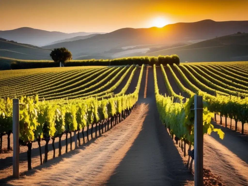 Impacto cambio climático en industria vinícola: viñedo al atardecer, filas de uvas bañadas en cálida luz dorada