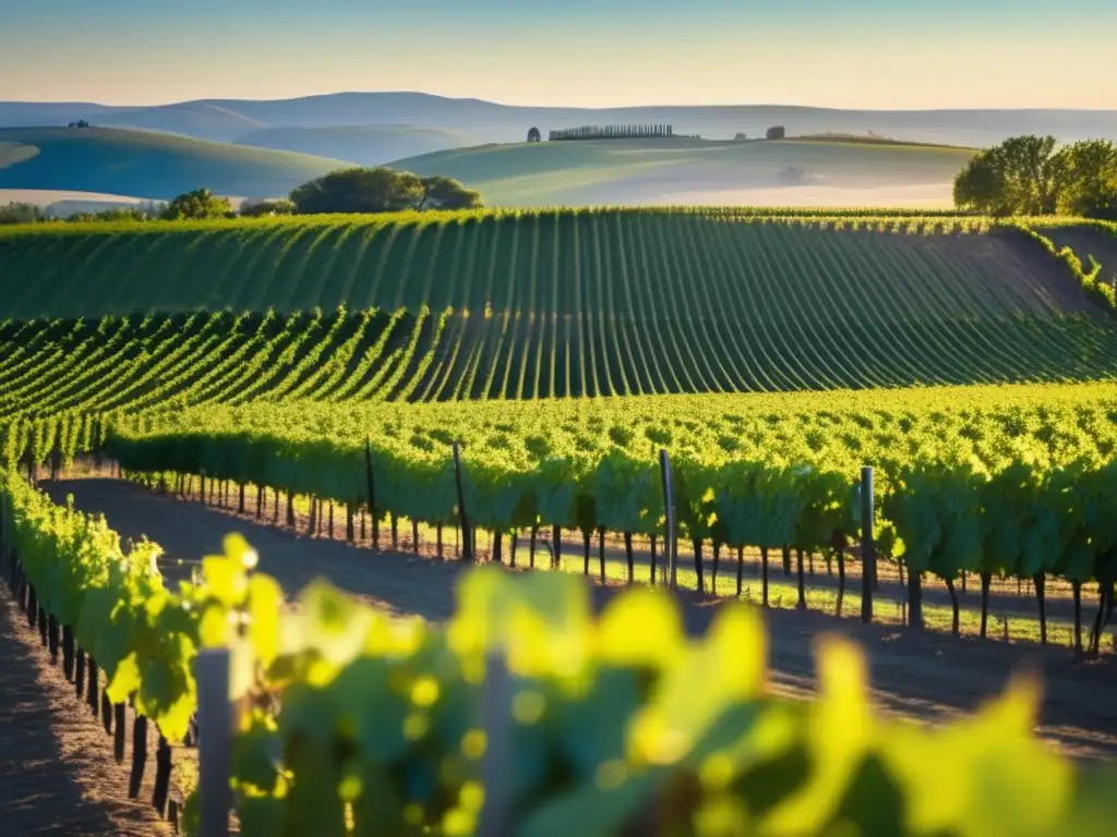 Impacto del cambio climático en producción de vino: viñedo bañado en suave luz dorada, vides alineadas, uvas maduras y barril de madera