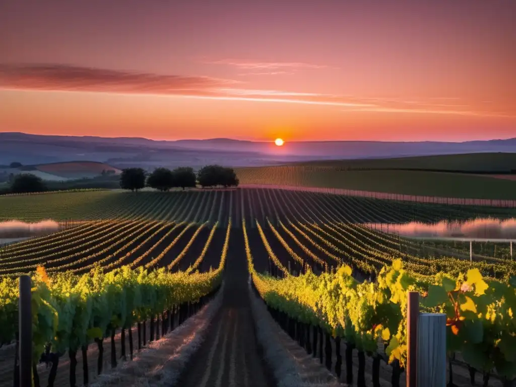 Impacto del cambio climático en producción de vino: viñedo al atardecer, vides en fila, cielo cálido con copa de vino grabada