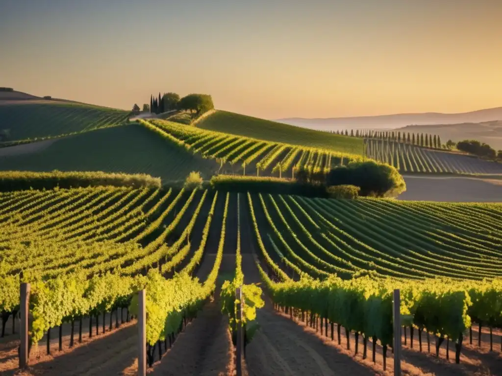 Impacto cambio climático en producción de vino: viñedo dorado al atardecer, con vides verdes y racimos maduros