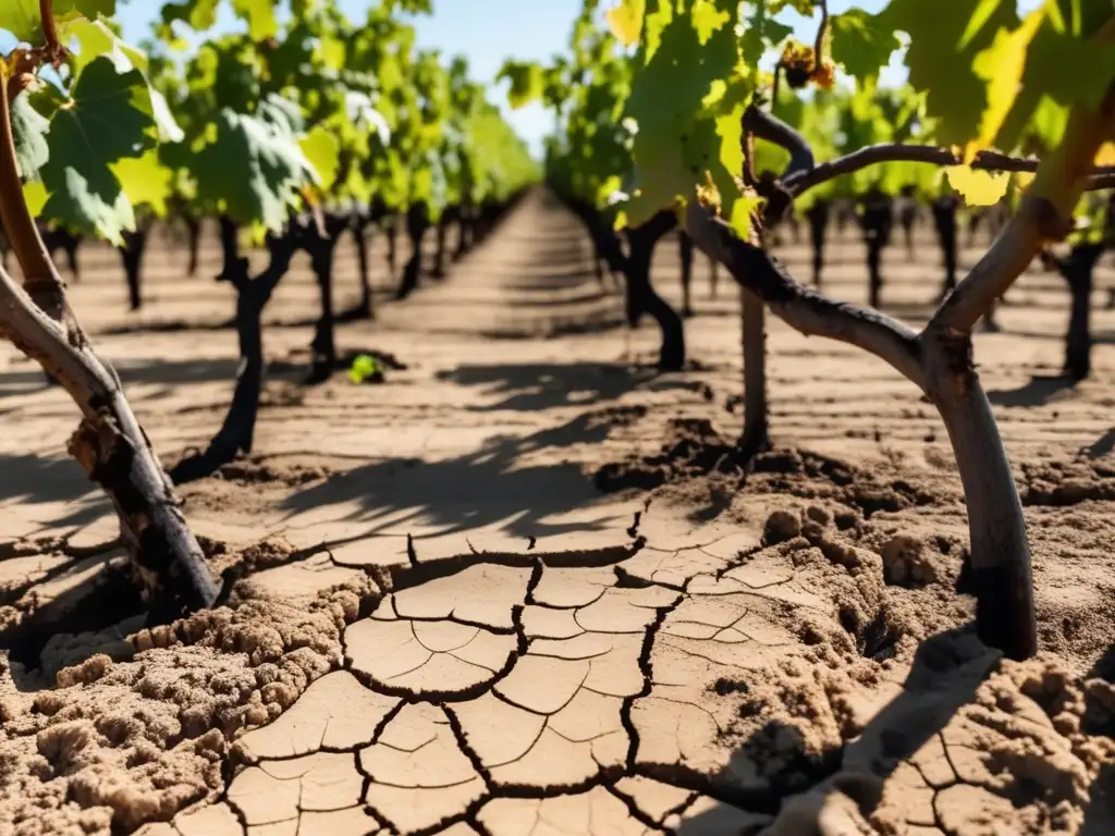 Impacto climático en calidad del vino: viñedo seco y agrietado bajo el sol, uvas pequeñas y marchitas