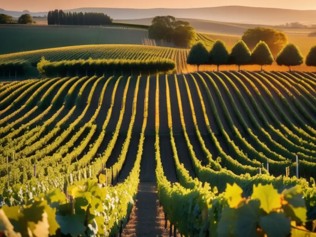 Impacto del enoturismo en la economía local - Vineyard sereno al atardecer, con hermosos colores dorados y anaranjados del sol