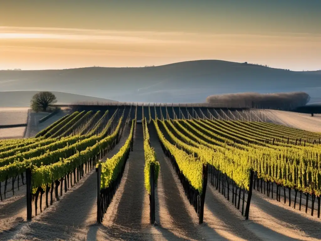 Impacto filoxera en viticultura global: paisaje desolado de viñedo con viñas sin hojas, enfatizando la devastación