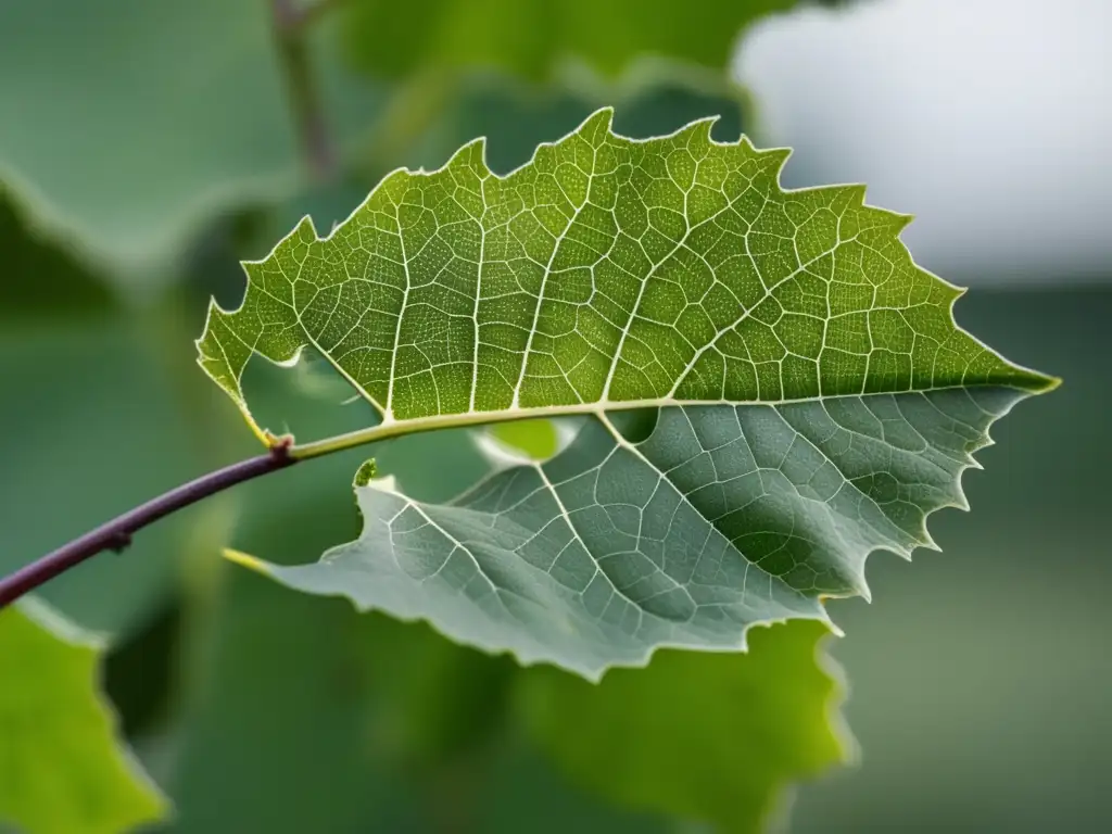 Impacto filoxera viticultura global: hoja de vid afectada, parcialmente marchita y descolorida, resalta detalles y estructura de la planta