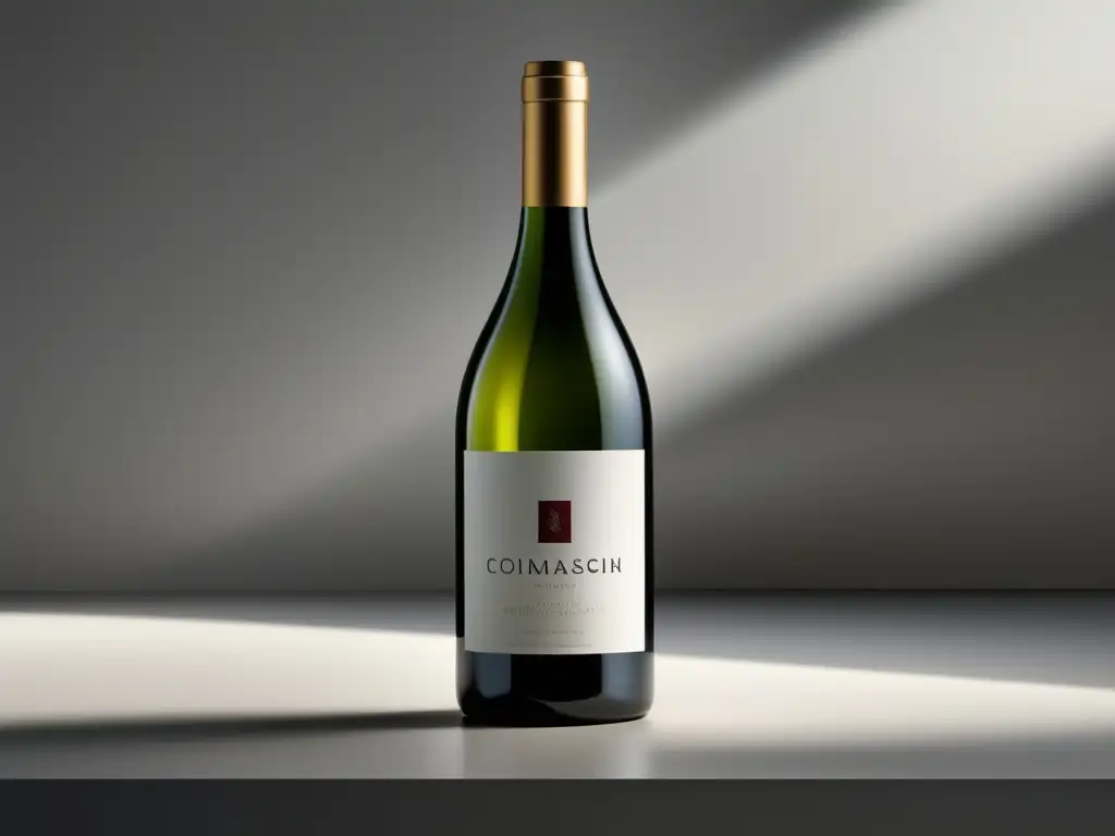 Impacto marketing digital vino: Botella minimalista de vino en superficie blanca