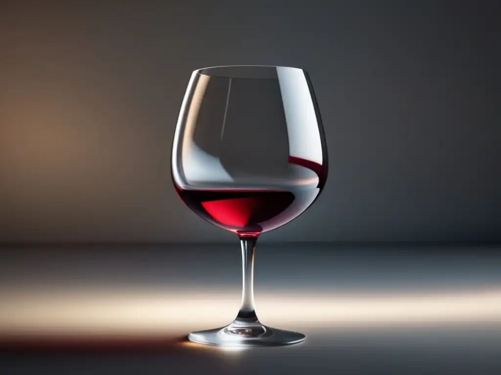 Impacto vino salud bucal: vidrio minimalista 8k con tallo transparente, copa esférica roja, reflejos sutiles y curvas elegantes