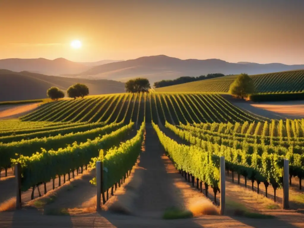 Impacto tecnología en enología: viñedo al atardecer, perfecta alineación de viñas, belleza natural y armonía paisaje