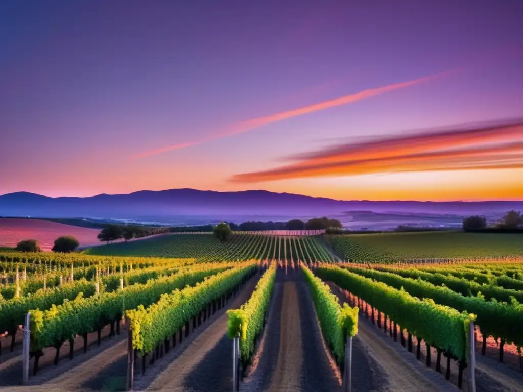 Impacto tecnológico en viticultura emergente: paisaje minimalista de viñedo al atardecer con colores vibrantes y detalle de dron supervisando